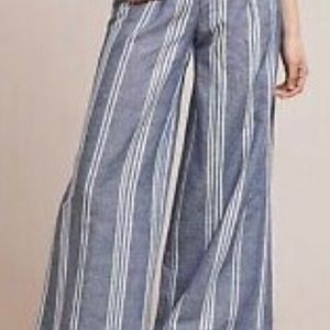 Anthropologie striped white and blue linen Cotton Palazzo Beach pants women 8